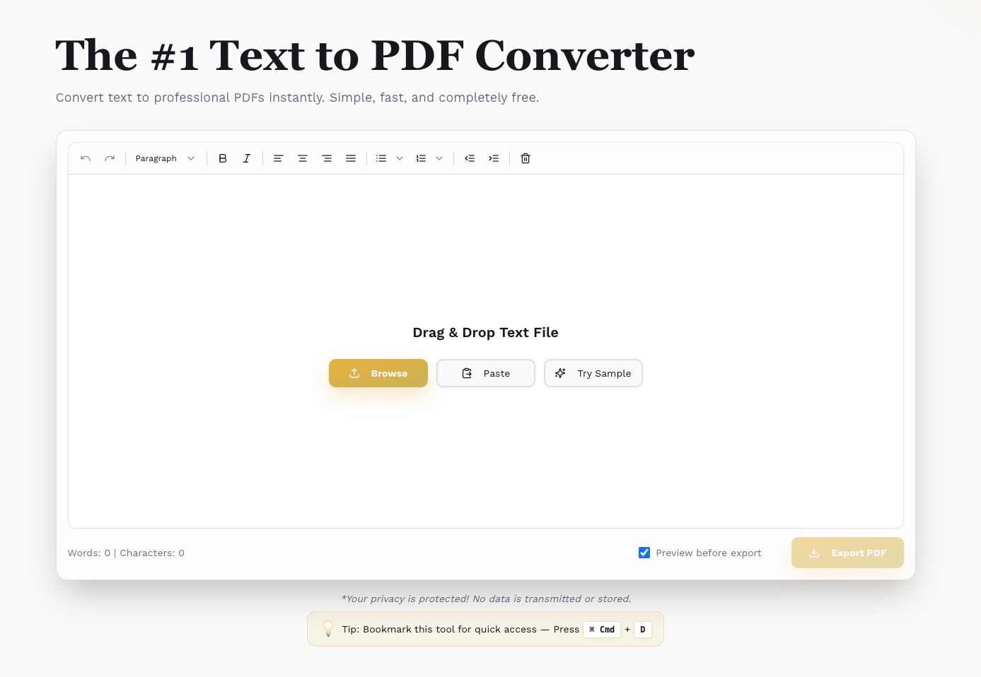 TextToPDF.me editor with toolbar visible