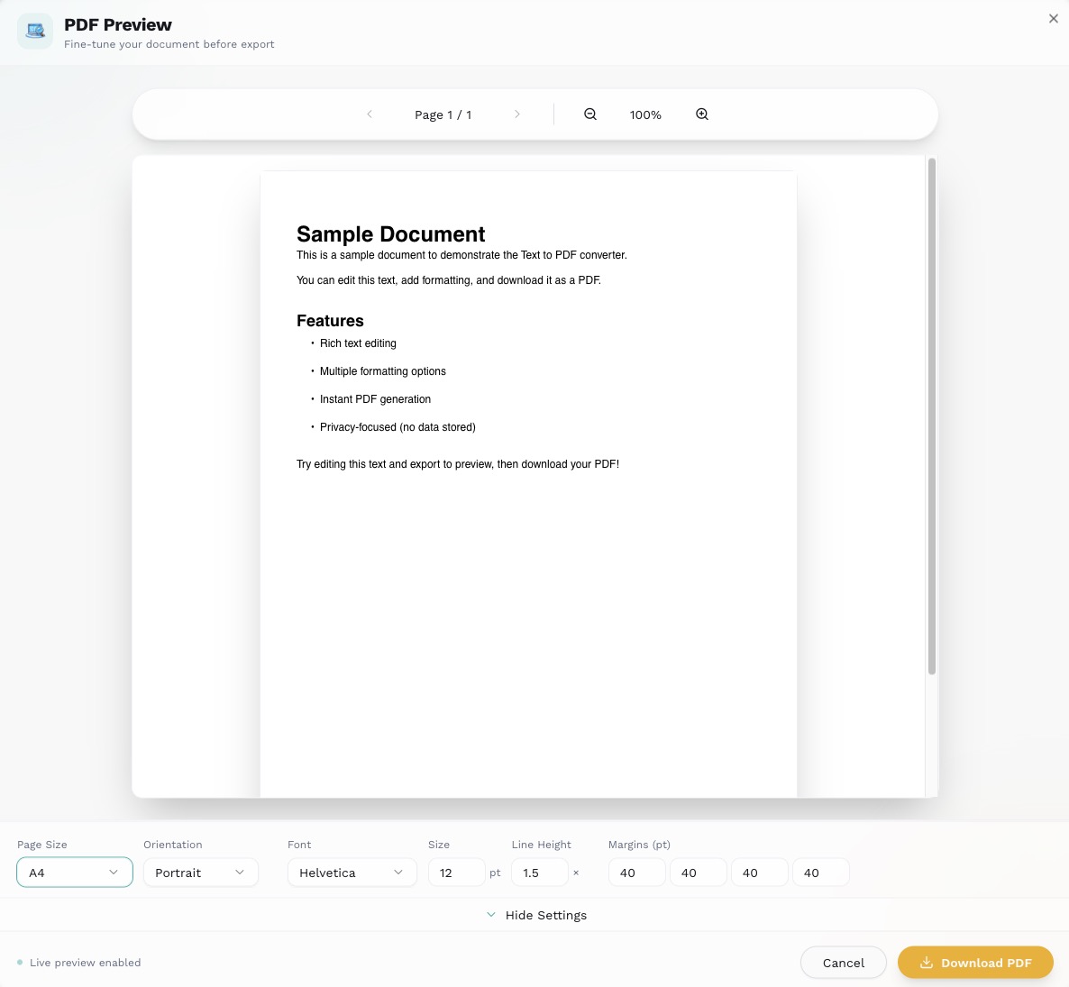 PDF preview dialog showing generated document